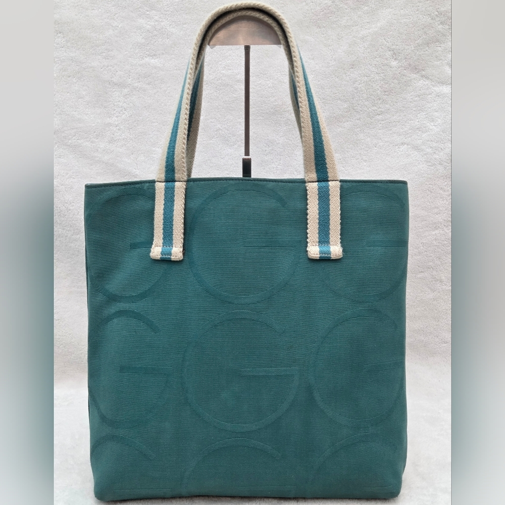 Gucci Teal Canvas Tote with Cream And Teal Straps